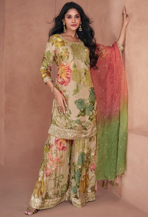 Beige Brown Floral Printed Georgette Plazzo Suit with Sequence work : Top Pick